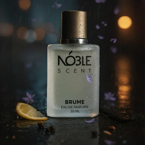 Brume Noble Scent dengan variasi top middle bottom notes dengan latar belakang gelap